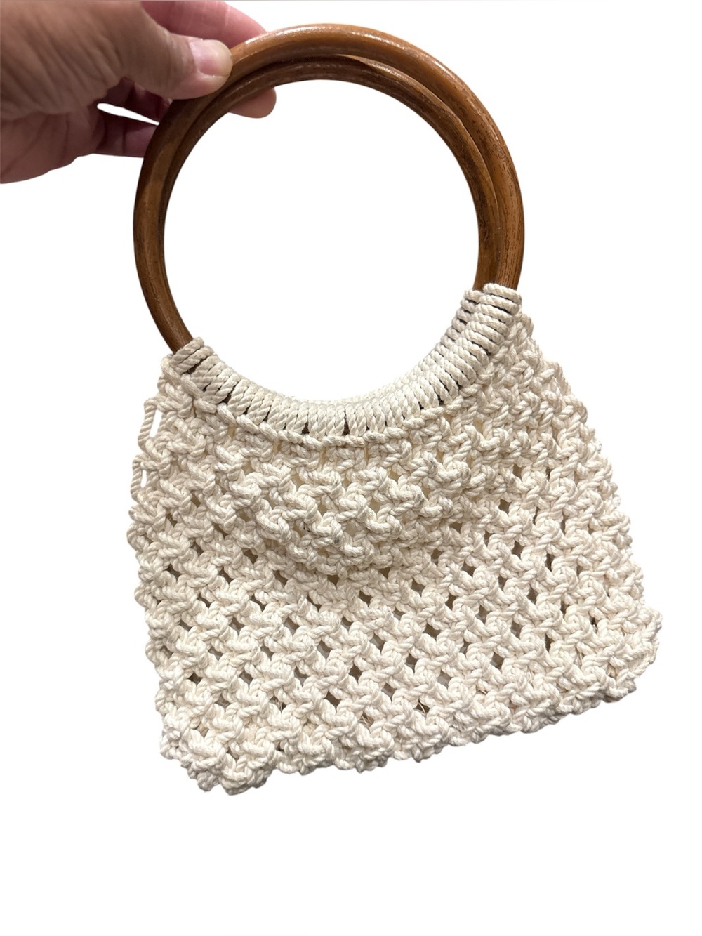 Handwoven Cream Macrame Handbag with Wooden Handles